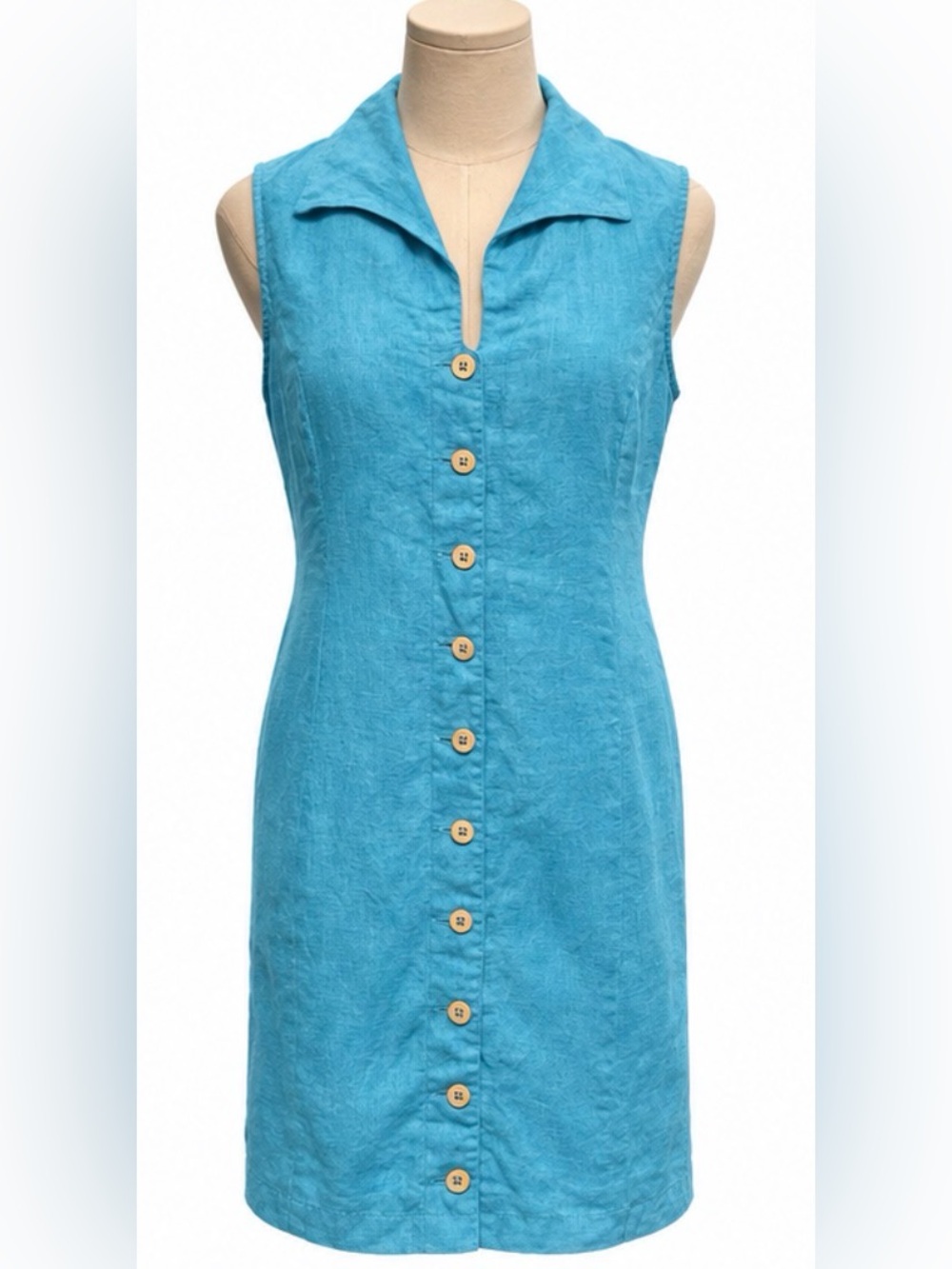 Harvé Benard 100% Linen Sleeveless Button Front Dress Size 8 Turquoise Blue